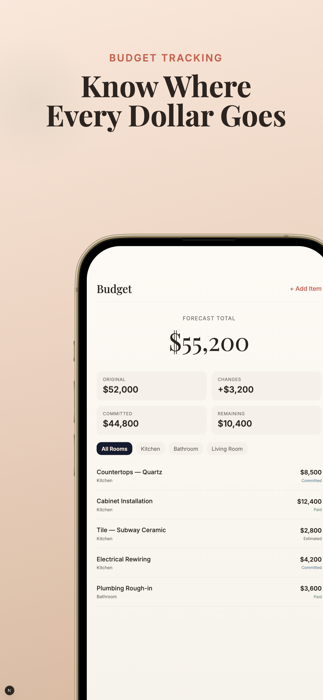 Budget tracking showing line items by room with committed and remaining amounts